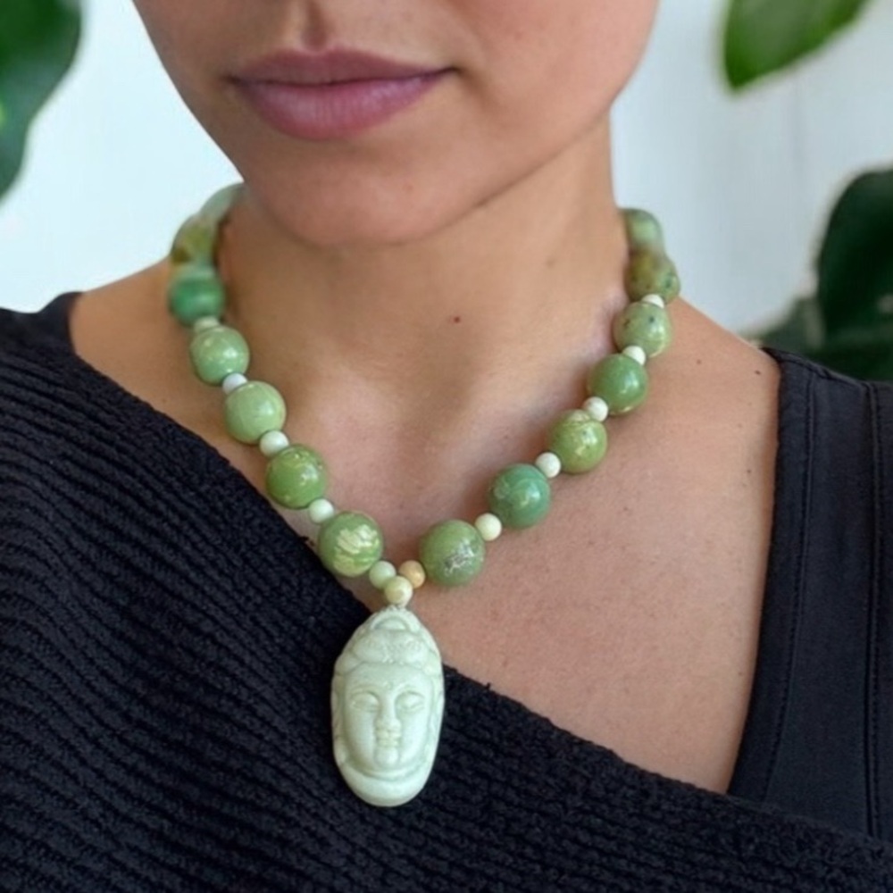 Carved Jade Buddha & Chrysoprase Necklace .925 Sterling Silver Spiritual Healing